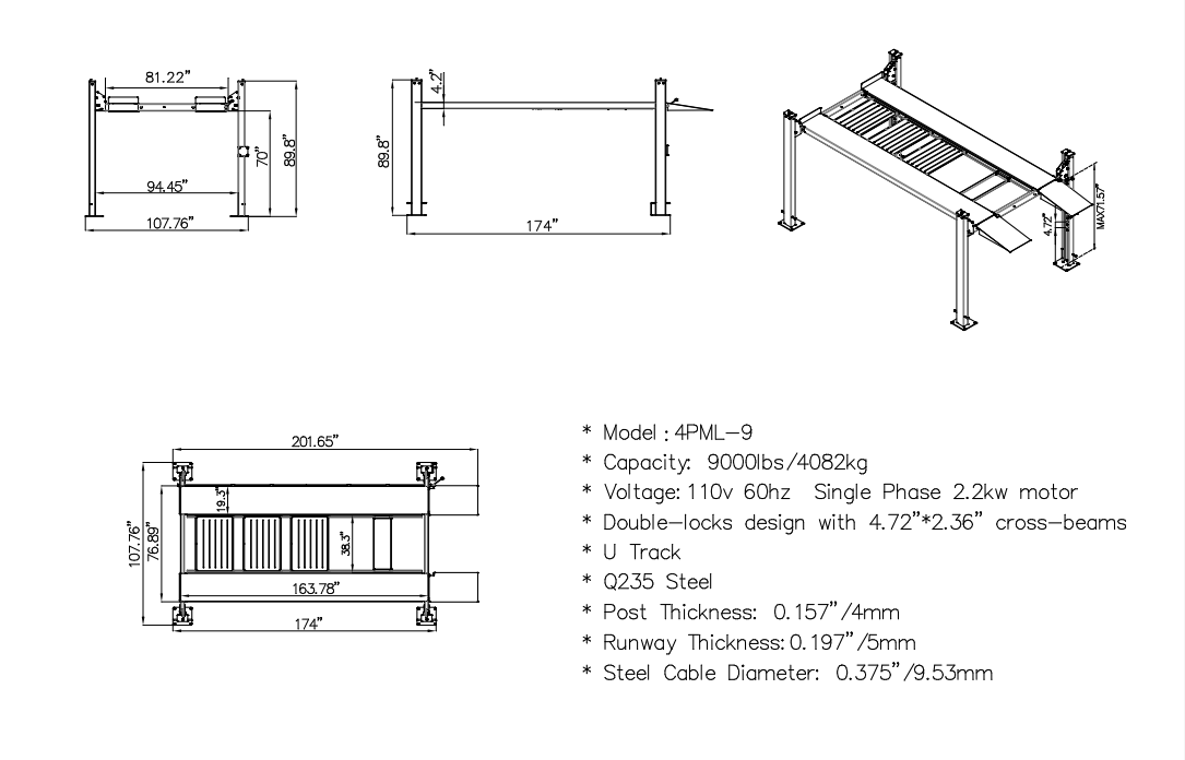 Olympic 4PML-9 9,000 lb Portable Car Storage & Maintenance Lift – 108″ W x 198″ L