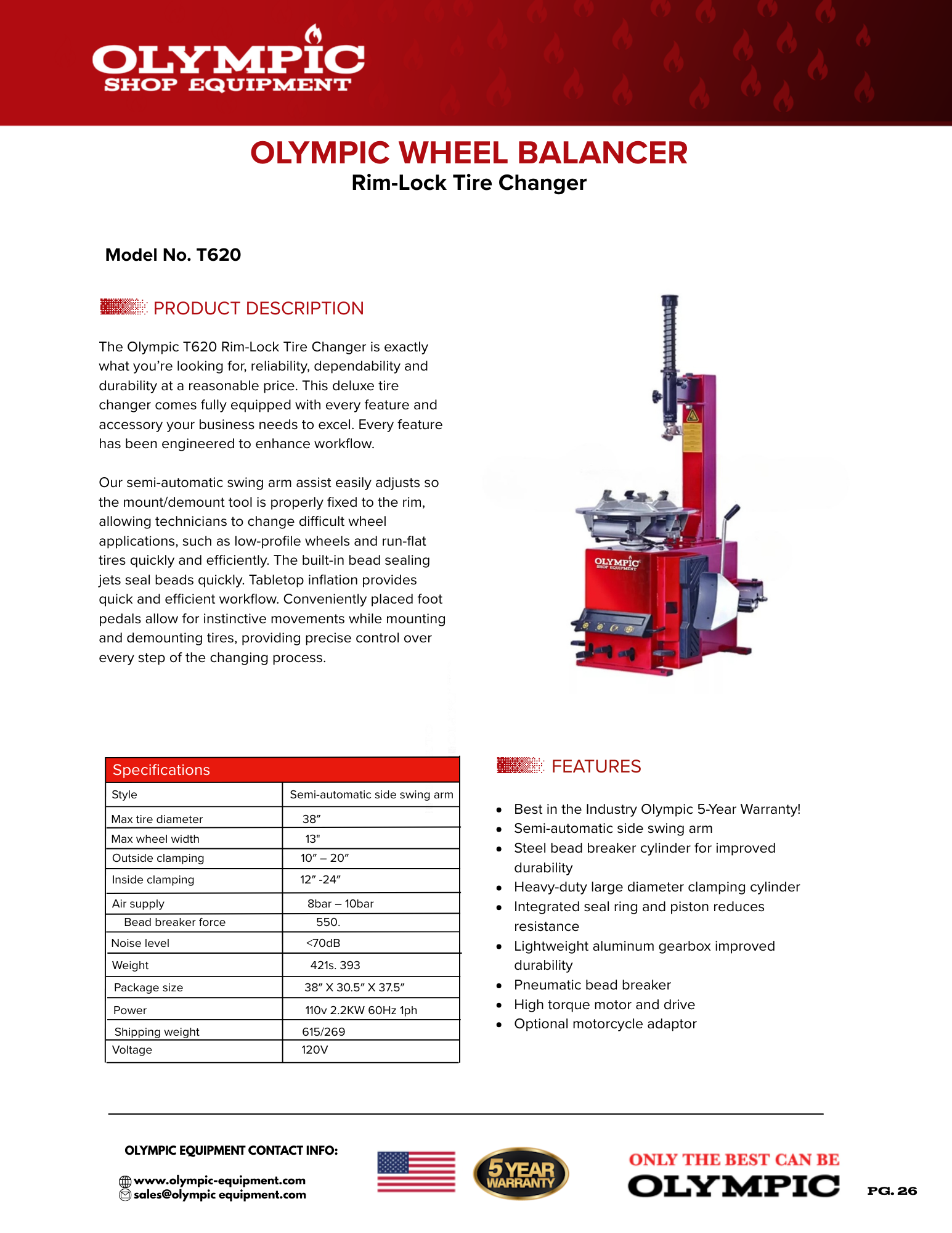 Model: T620 / The Olympic T620 Rim-Lock Tire Changer / Semi-Automatic Side Swing Arm Assist Tire Machine / 5-Year Warranty