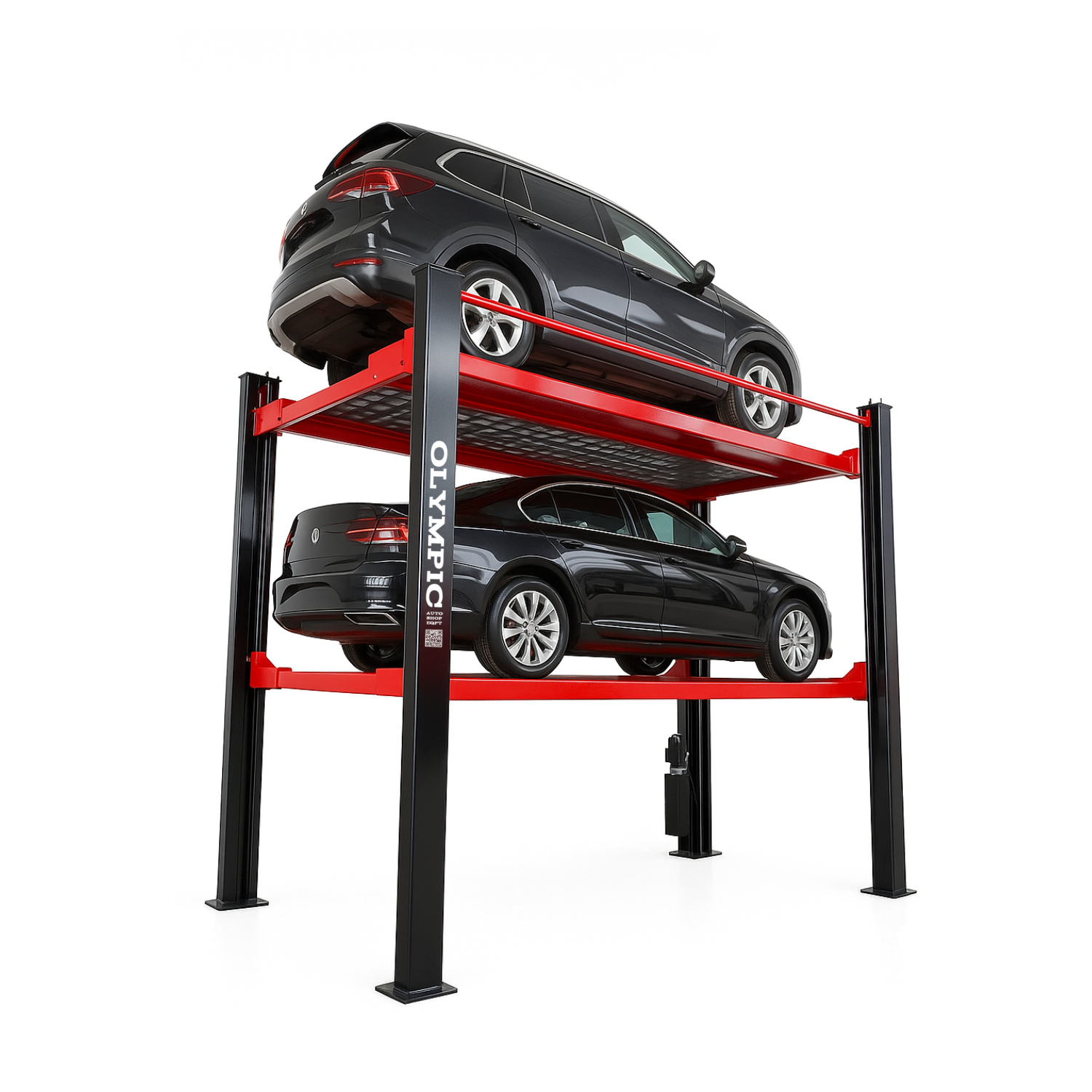 Model: Olympic 4P-4032XL / Three Level 3-Car Stacking Lift / 9,000 and 7,000 Lb. Capacity / Extended Length, Width & Height / 256″ L X 114″ W / 10-Year Warranty / SHIPS FREE