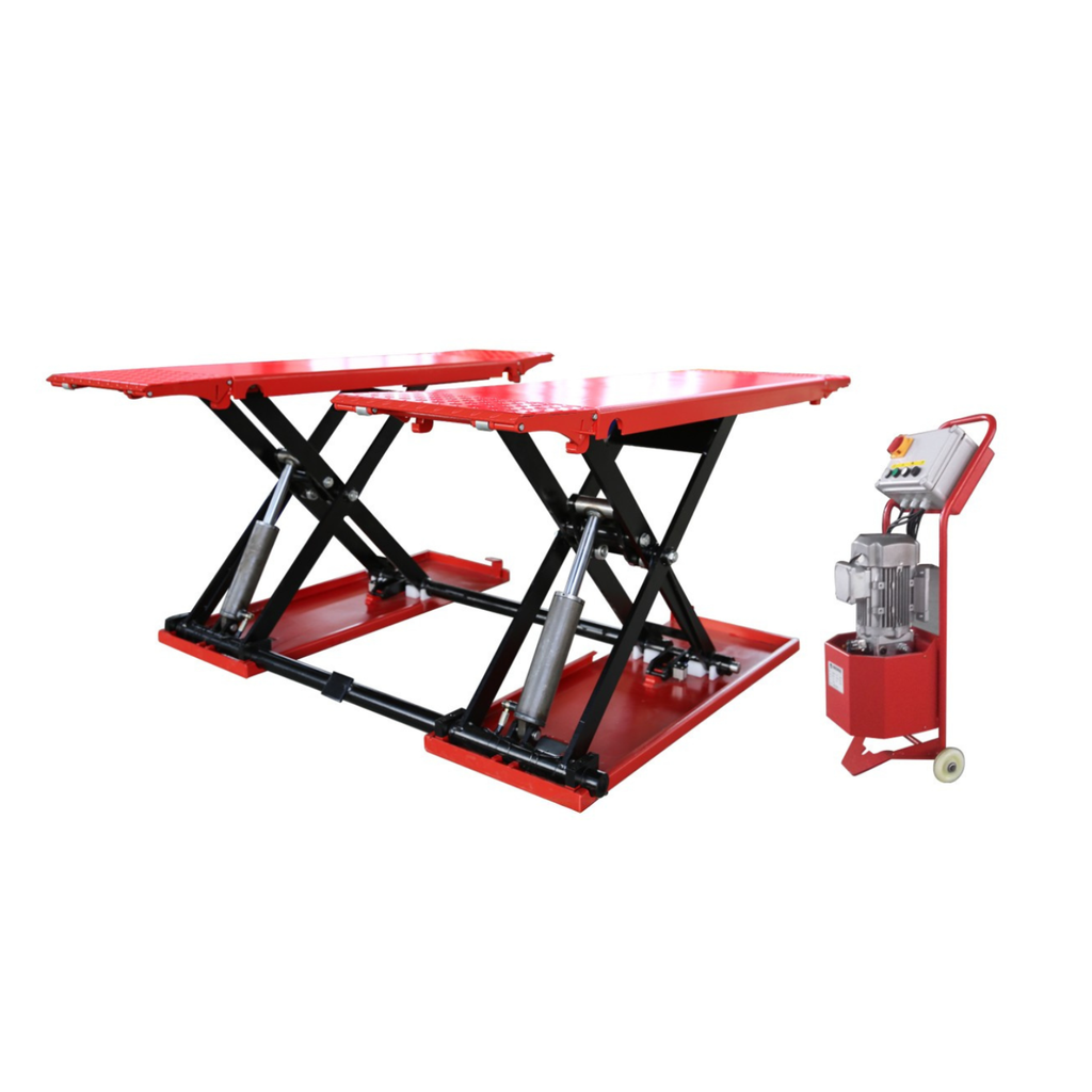 Model: Olympic MRSL-75 / 7,500 Portable Mid-Rise Scissor Lift / Dual Cylinders / Pneumatic Lock Release / 7-Year Warranty / SHIPS FREE!