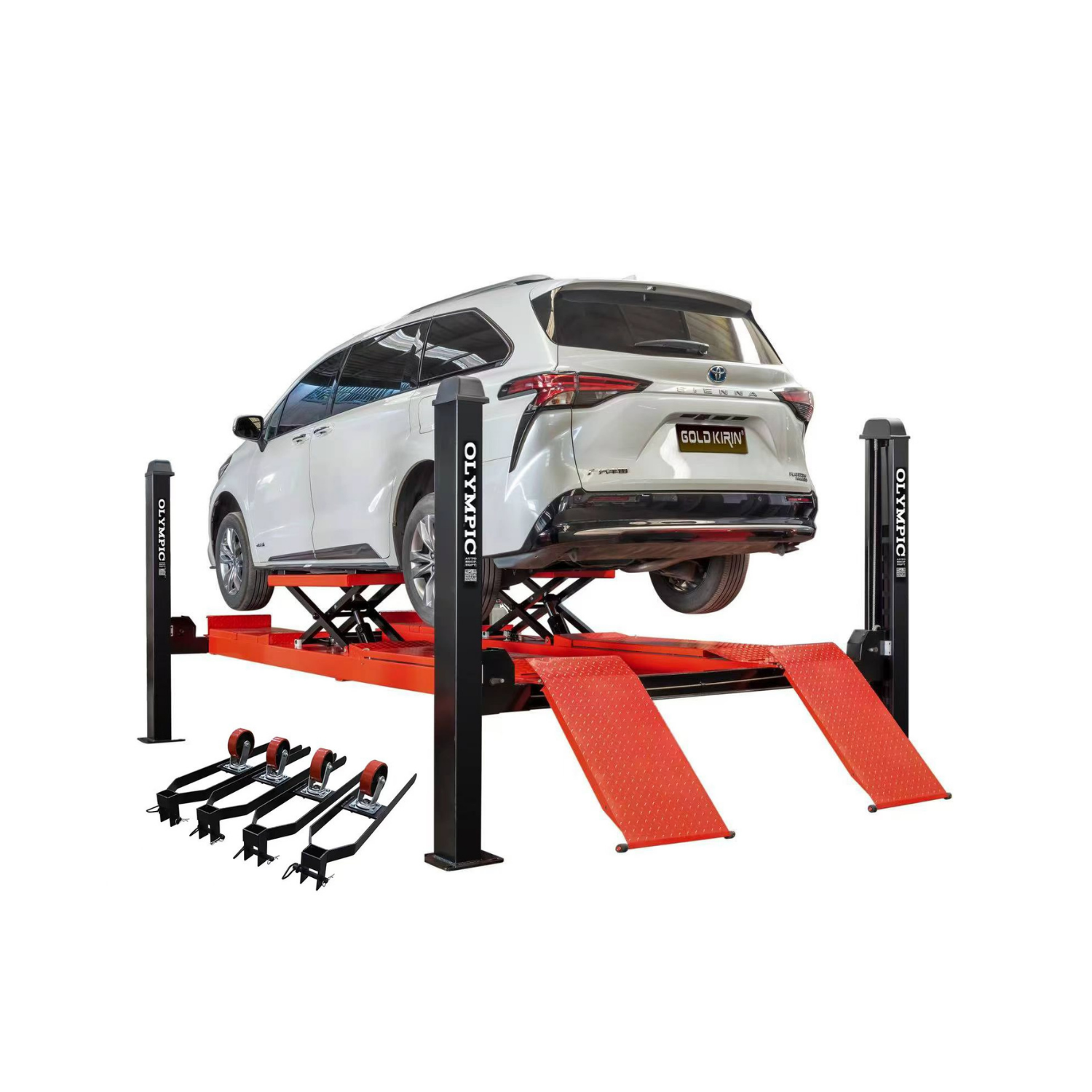 Model: Olympic 4PXLA-10 / “The Dually” Portable lift with Built-in Scissor Jacks 10,000 lb. Maintenance & Storage Lift / Adjustable Width Runway / 84″ Storage Space / 125″ Between Posts / 229″ Platform Length / 10-Year Warranty / SHIPS FREE!