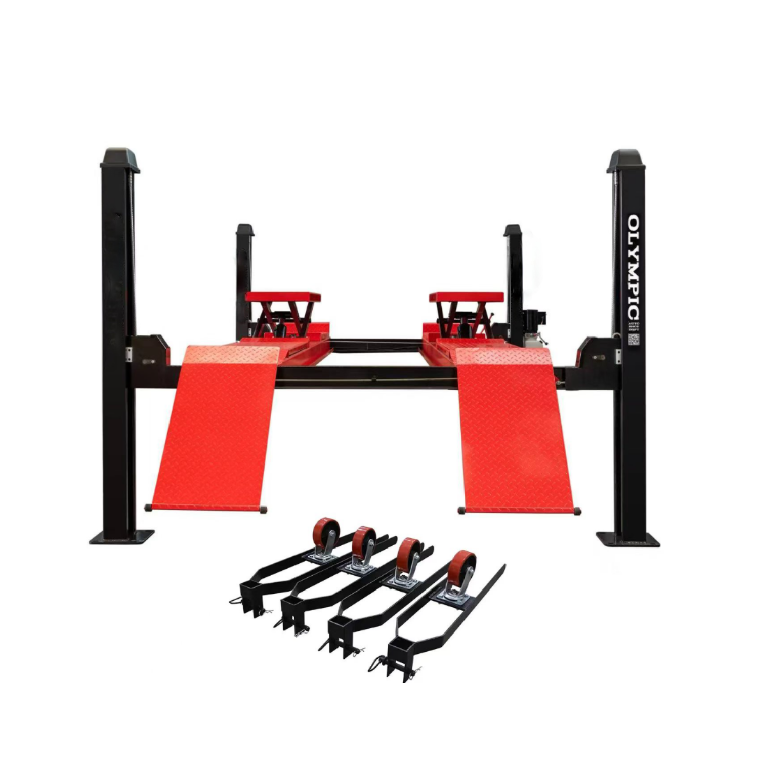 Model: Olympic 4PXL-10B / “The Dually” Portable lift with Built-in Scissor Jacks 10,000 lb. Maintenance & Storage Lift / Adjustable Width Runway / 84″ Storage Space / 125″ Between Posts / 229″ Platform Length / 10-Year Warranty / SHIPS FREE!
