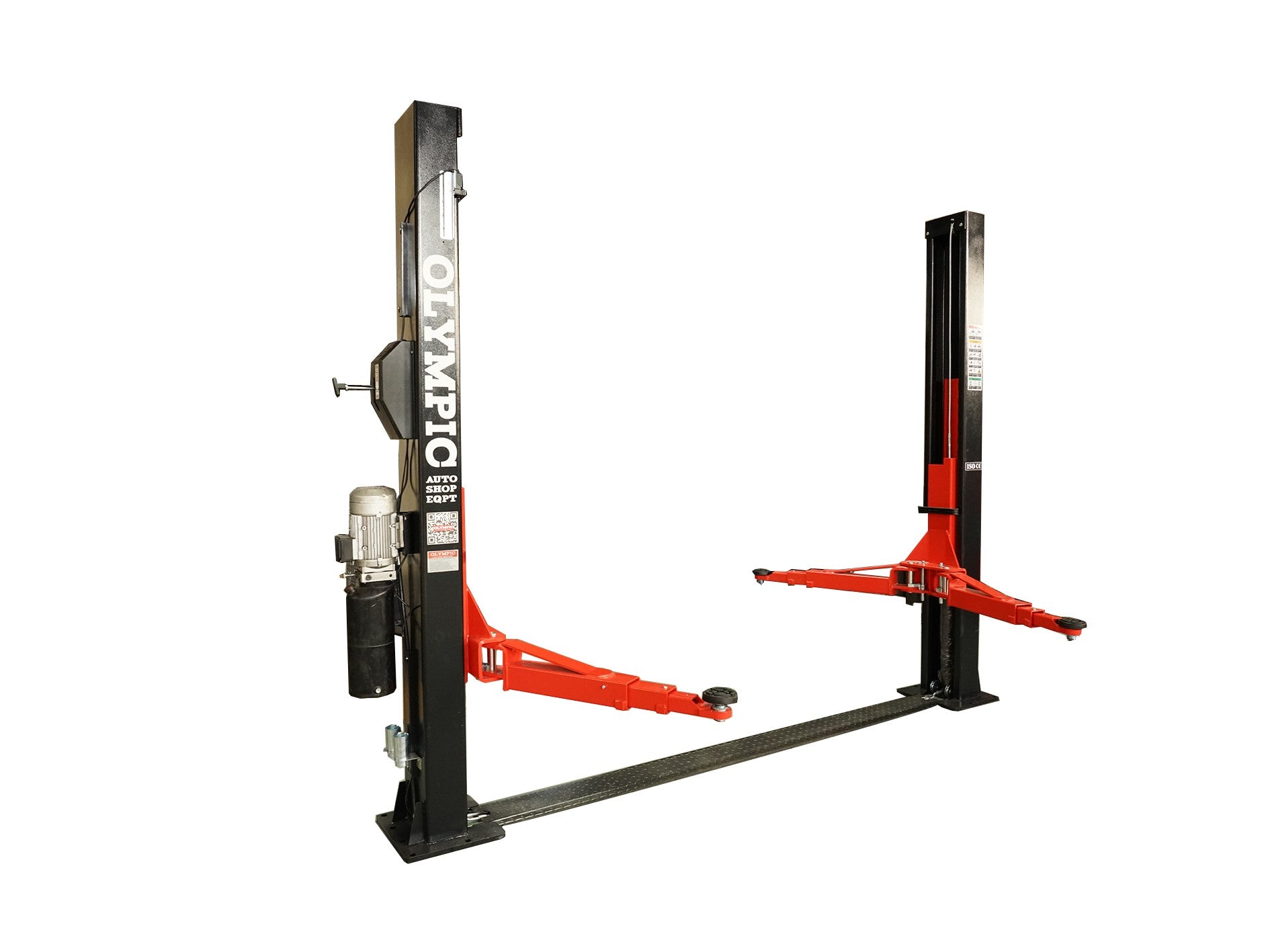 Model: Olympic 2PBP-12 / 12,000‐lb. Base Plate 2-Post Lift / Single Point Lock Release / 3-Stage Arms / 3-Stage Foot Pads / 115″ H X 153″ W 10-Year Warranty / SHIPS FREE!