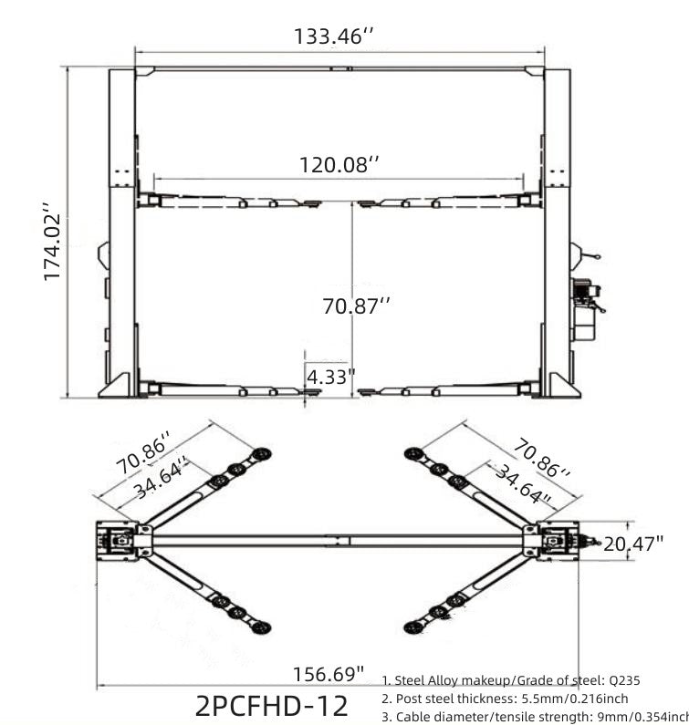 Model: Olympic 2PCFHD-12 / 12,000‐lb. HDXL / Symmetric Post / Clear floor / Single Point Lock Release / 3-Stage Arms / 3-Stage Foot Pads / 174″ H X 156″ W / 10-Year Warranty / SHIPS FREE!