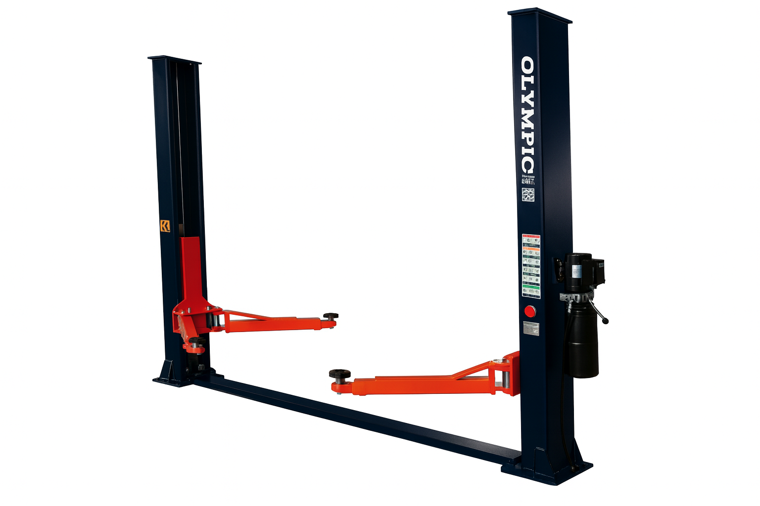 Model: Olympic 2PBP-10 / 10,000‐lb. Base Plate 2-Post Lift / Dual Point Lock Release / 2-Stage Arms / 2-Stage Foot Pads / 110″ H X 130″ W / 10-Year Warranty / SHIPS FREE!