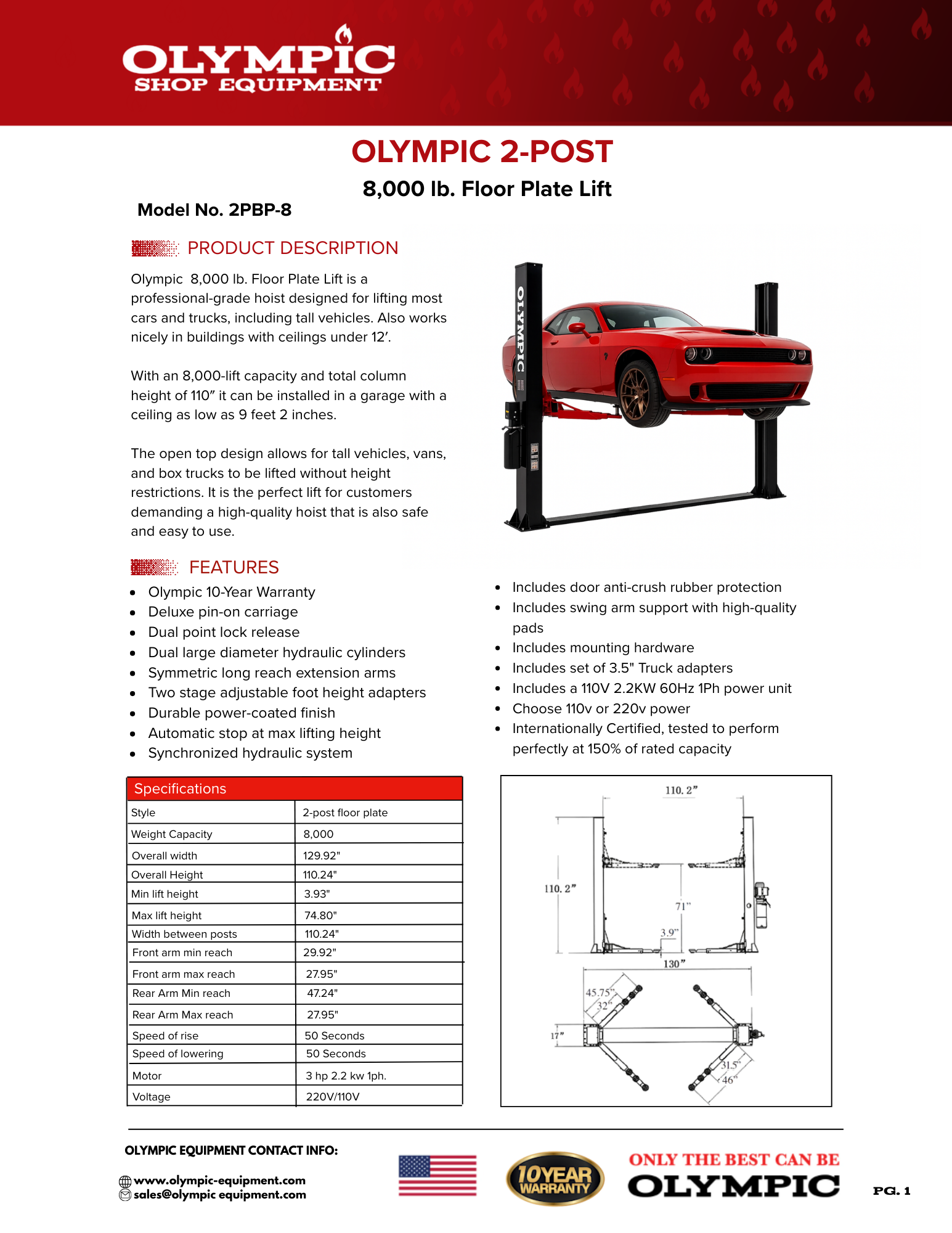 Model: 2PBP-8 / 8,000-lb Gold Series Base Plate 2-Post Lift / 2-stage arms / Symmetric 2-stage foot pads / Dual point lock release / 10-year warranty / SHIPS FREE!