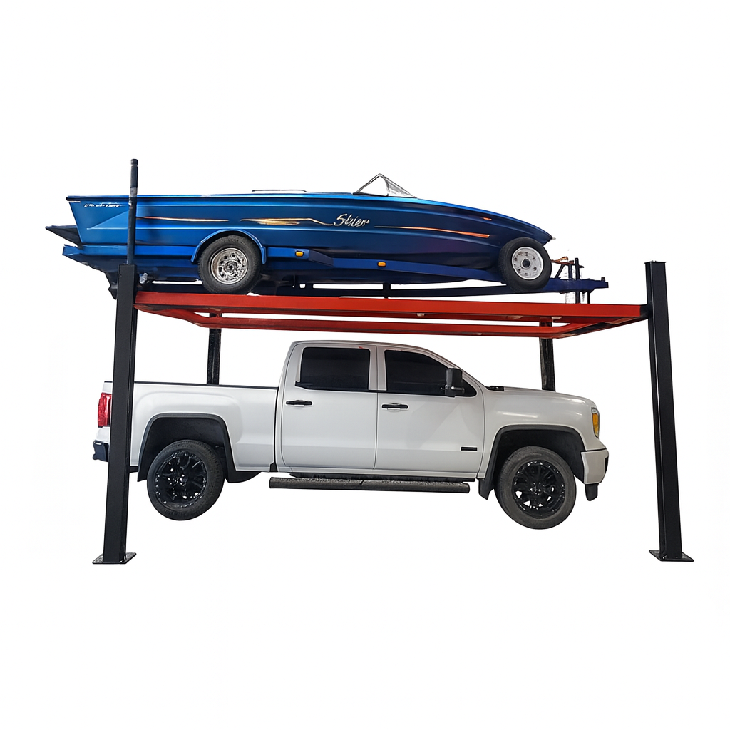 Model: Olympic HDMBL-10 "The Skipper" Portable Boat & Trailer Storage Lift / Extra Wide / Extra Long / Adjustable Width Runway / Sliding Hitch Wheel Rest / 84″ Storage Space / 125″ Between Posts / 195″ Platform Length / 10 Year Warranty / SHIPS FREE!