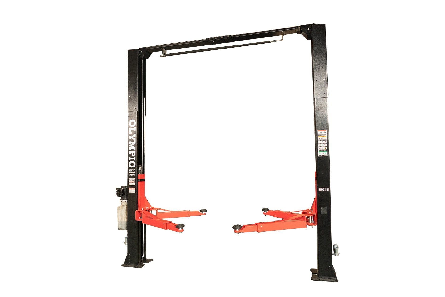 Model: Olympic 2PCF-9 / 9,000‐lb. / Symmetric Post Clear floor / Dual Point Lock Release / 2-Stage Arms / 2-Stage Foot Pads / 142″ H X 129″ W / 10-Year Warranty / SHIPS FREE!