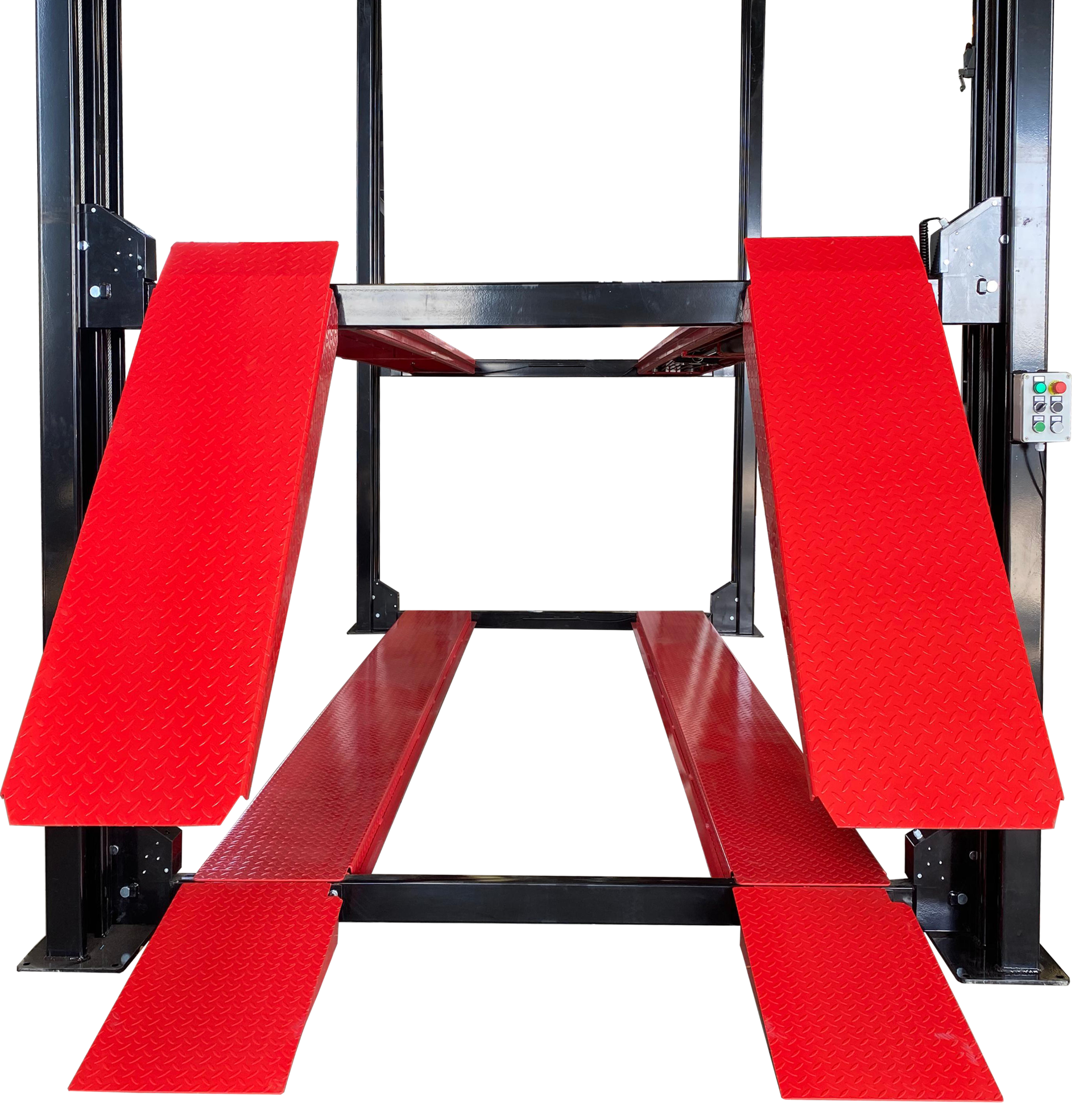 Model: Olympic 4P-4032XL / Three Level 3-Car Stacking Lift / 9,000 and 7,000 Lb. Capacity / Extended Length, Width & Height / 256″ L X 114″ W / 10-Year Warranty / SHIPS FREE
