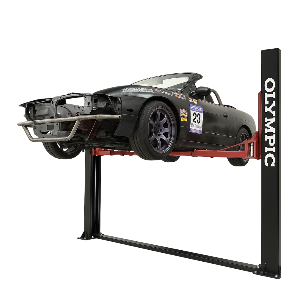 Model: 2PBP-12 / 12,000‐lb. Gold Series HDXL / Base Plate 2-Post Lift / Single Point Lock Release / 3-Stage Arms / 3-Stage Foot Pads / 10-Year Warranty / 115″ H X 156″ W