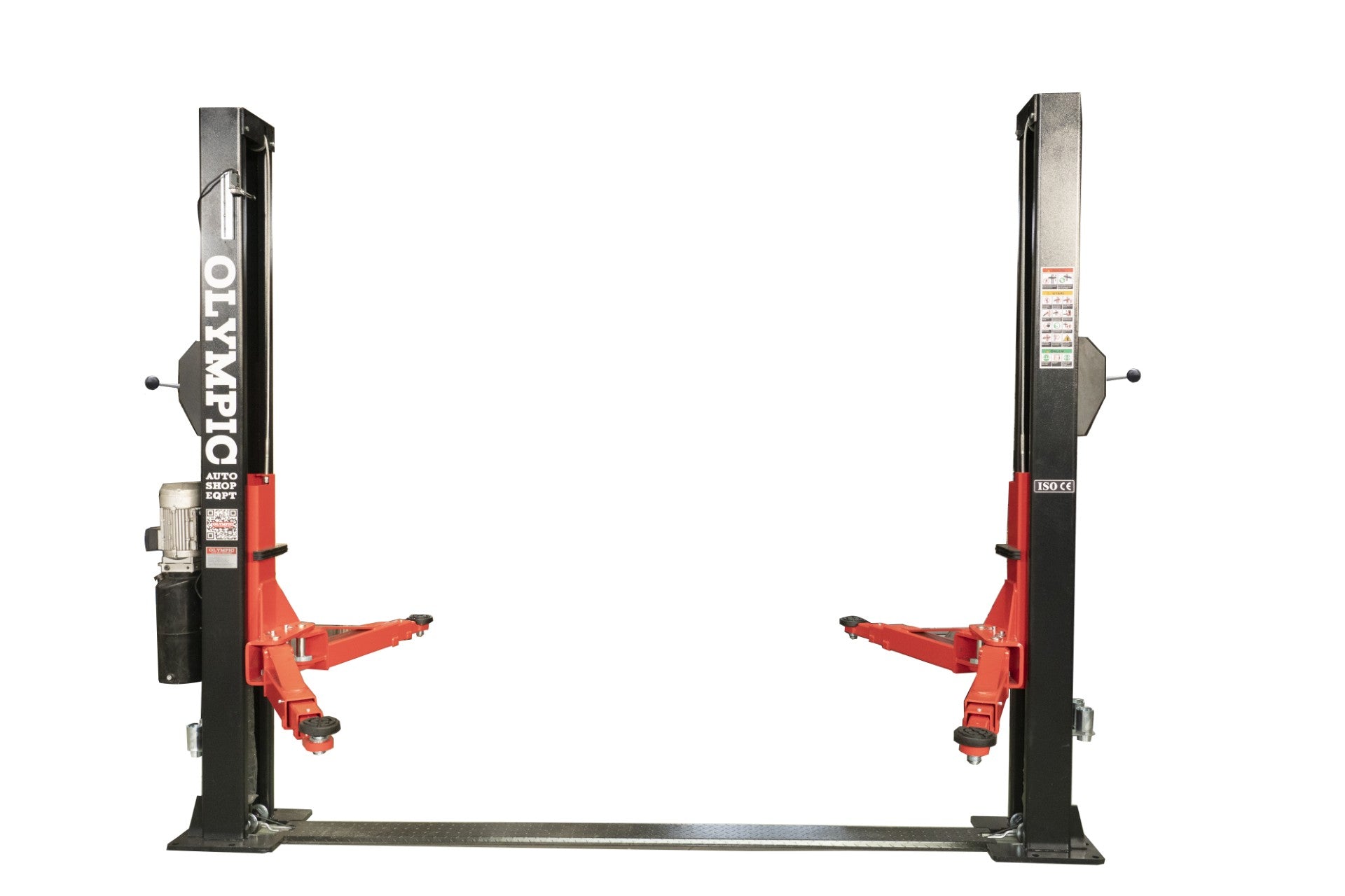 Model: Olympic 2PBP-12 / 12,000‐lb. Base Plate 2-Post Lift / Single Point Lock Release / 3-Stage Arms / 3-Stage Foot Pads / 115″ H X 153″ W 10-Year Warranty / SHIPS FREE!