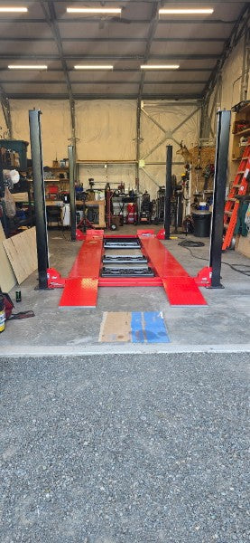 Model: 4PML-8A / 8,000 lb. Gold Series Portable Vehicle Storage Lift / Caster Arms / Drip Trays / Tool Tray / 10-Year Warranty / 108″ W X 198″ L