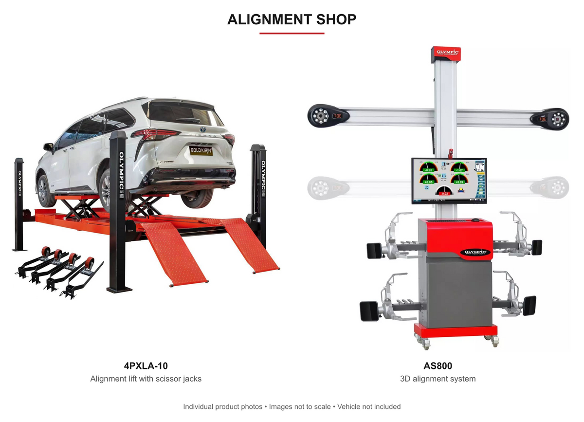 Alignment Shop bundle: 4PXLA-10 alignment lift and AS800 alignment system. Demonstration vehicle not included.