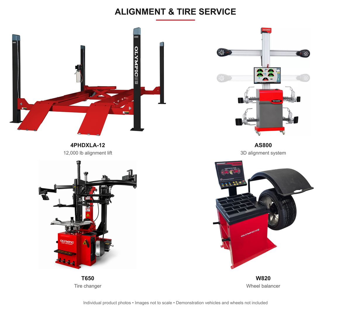 4PHDXLA-12 alignment lift, AS800 alignment system, T650 tire changer and W820 balancer.