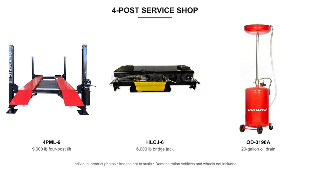 4PML-9 four-post lift, HLCJ-6 bridge jack and OD-3198A oil drain.