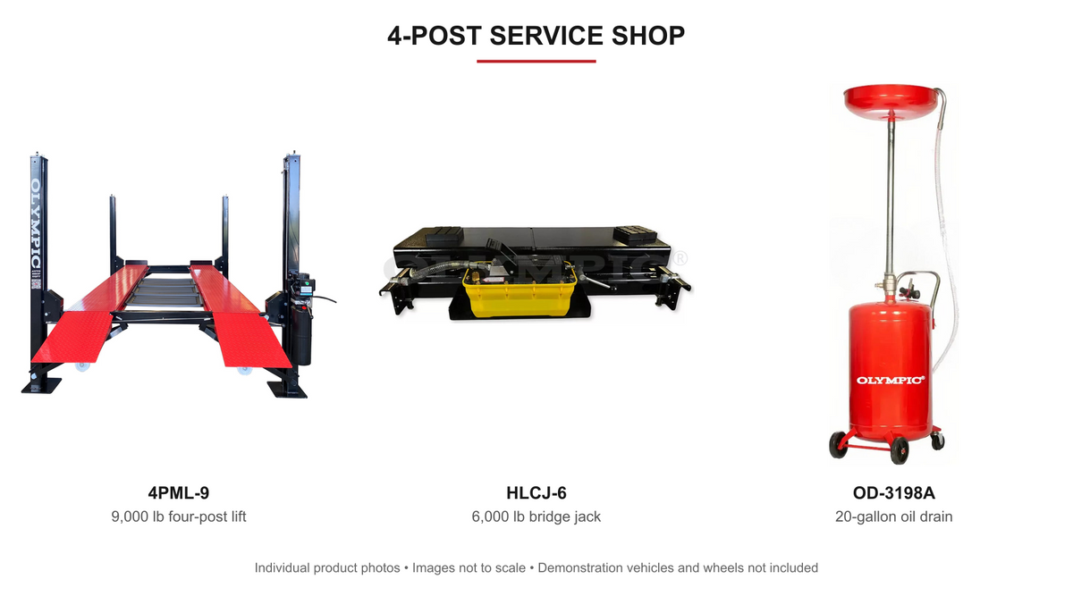 4PML-9 four-post lift, HLCJ-6 bridge jack and OD-3198A oil drain.