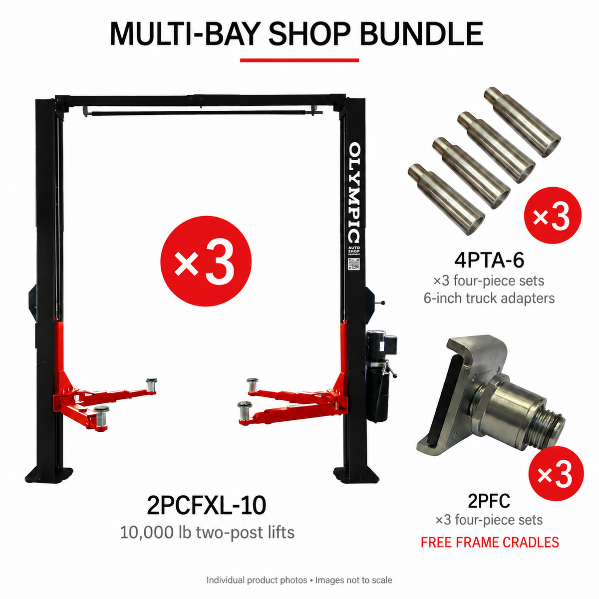 Olympic Multi-Bay Shop Bundle – Three 2PCFXL-10 Lifts, Truck Adapters & Free Frame Cradles