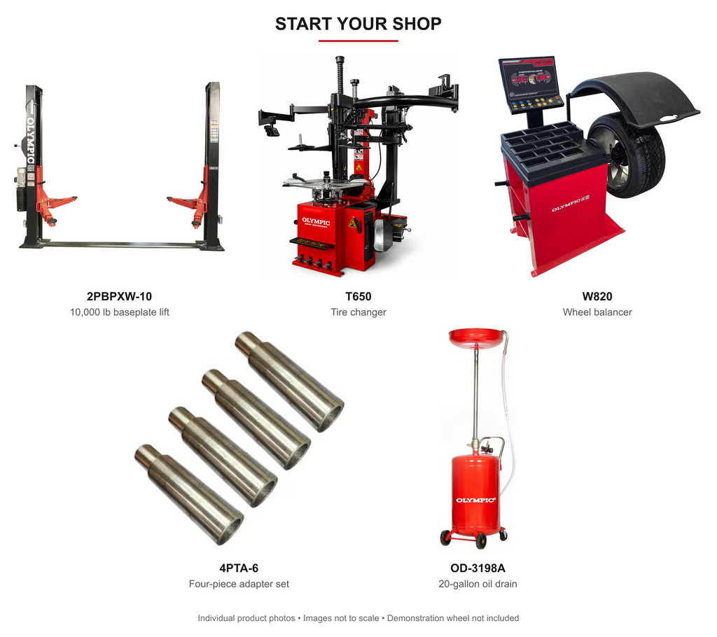 Start Your Shop bundle: 2PBPXW-10 lift, T650 tire changer, W820 balancer, four 4PTA-6 adapters and OD-3198A oil drain.