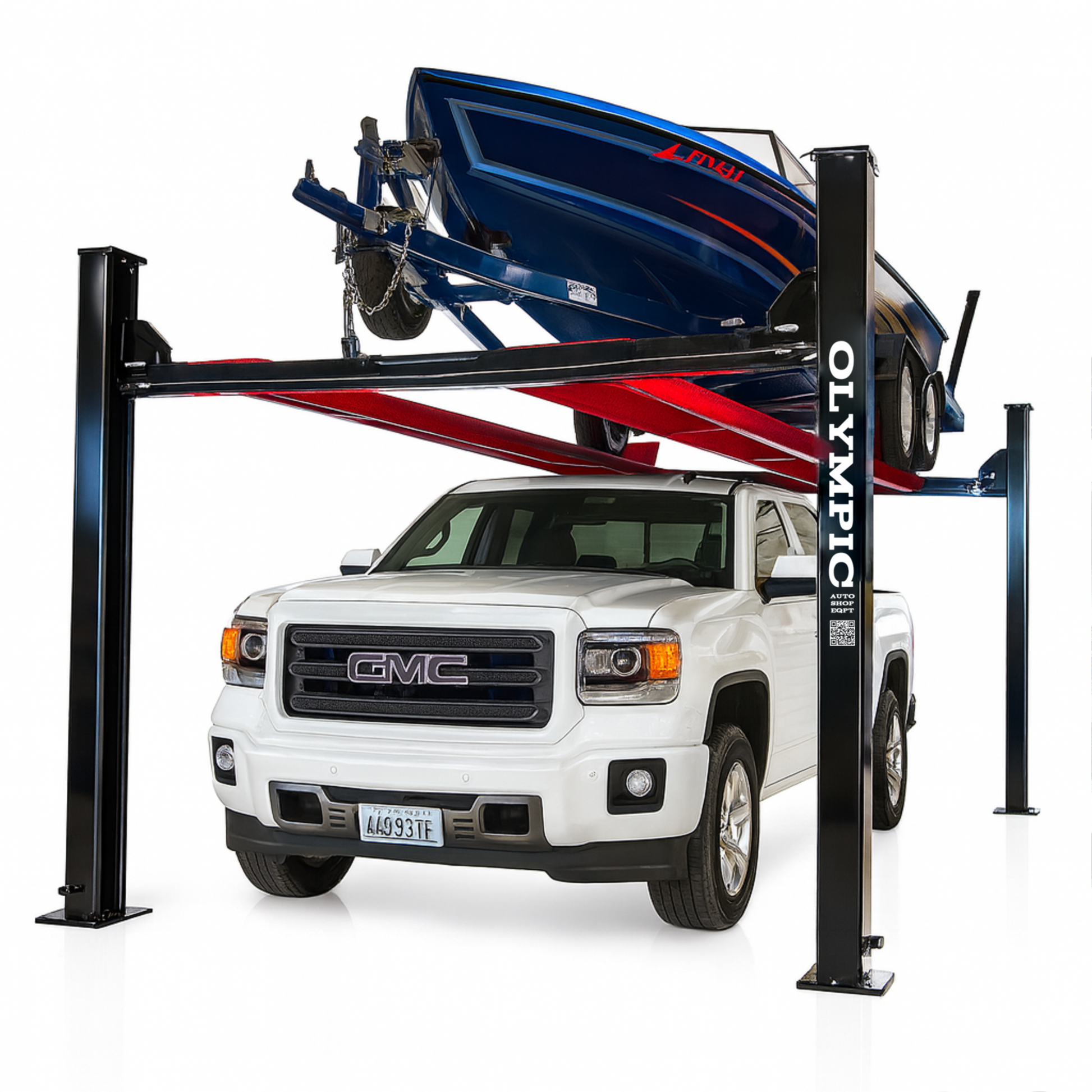 Model: Olympic HDMBL-10 "The Skipper" Portable Boat & Trailer Storage Lift / Extra Wide / Extra Long / Adjustable Width Runway / Sliding Hitch Wheel Rest / 84″ Storage Space / 125″ Between Posts / 195″ Platform Length / 10 Year Warranty / SHIPS FREE!