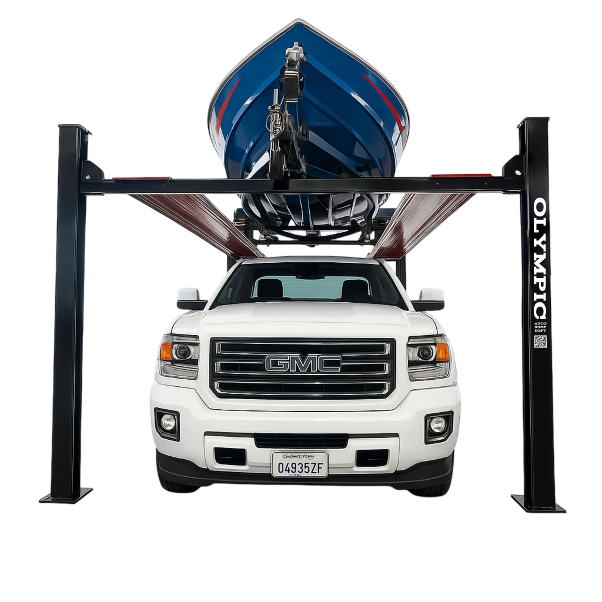 Model: Olympic HDMBL-10 "The Skipper" Portable Boat & Trailer Storage Lift / Extra Wide / Extra Long / Adjustable Width Runway / Sliding Hitch Wheel Rest / 84″ Storage Space / 125″ Between Posts / 195″ Platform Length / 10 Year Warranty / SHIPS FREE!