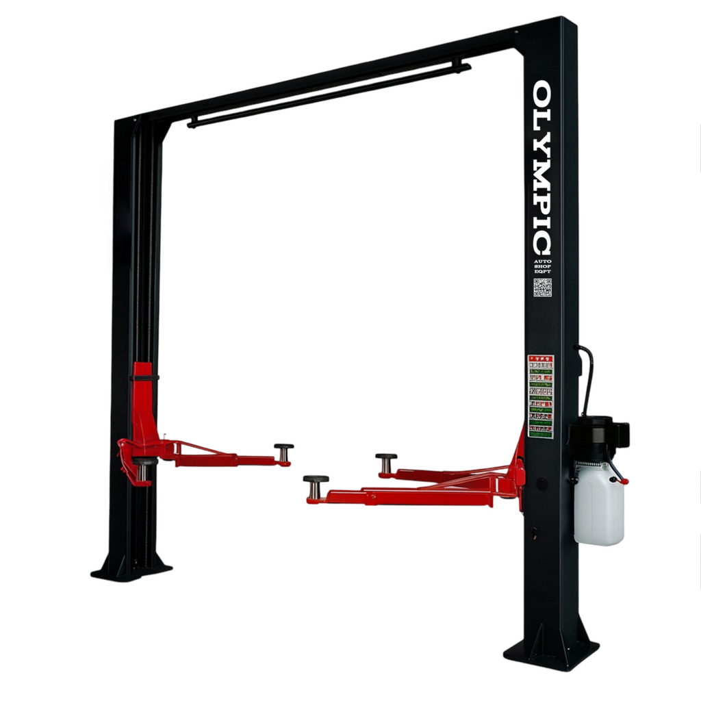Model: Olympic 2PCF-9 / 9,000‐lb. / Symmetric Post Clear floor / Dual Point Lock Release / 2-Stage Arms / 2-Stage Foot Pads / 142″ H X 129″ W / 10-Year Warranty / SHIPS FREE!