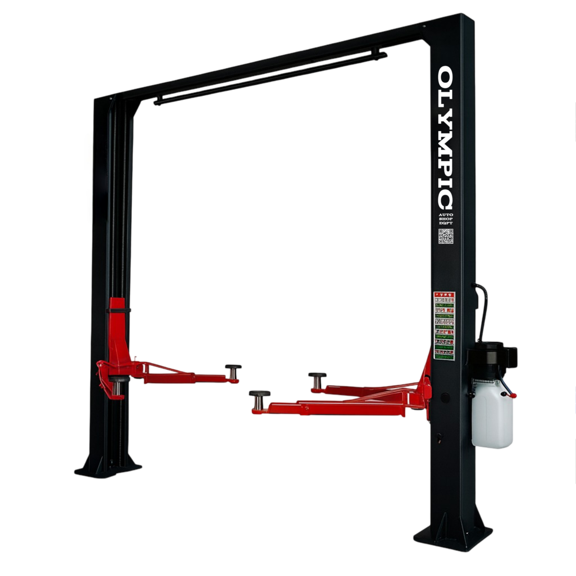 Model: Olympic 2PCF-9 / 9,000‐lb. / Symmetric Post Clear floor / Dual Point Lock Release / 2-Stage Arms / 2-Stage Foot Pads / 142″ H X 129″ W / 10-Year Warranty / SHIPS FREE!