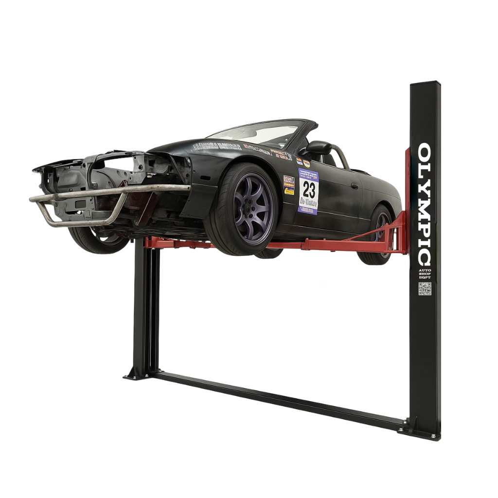 Model: Olympic 2PBP-12 / 12,000‐lb. Base Plate 2-Post Lift / Single Point Lock Release / 3-Stage Arms / 3-Stage Foot Pads / 115″ H X 153″ W 10-Year Warranty / SHIPS FREE!