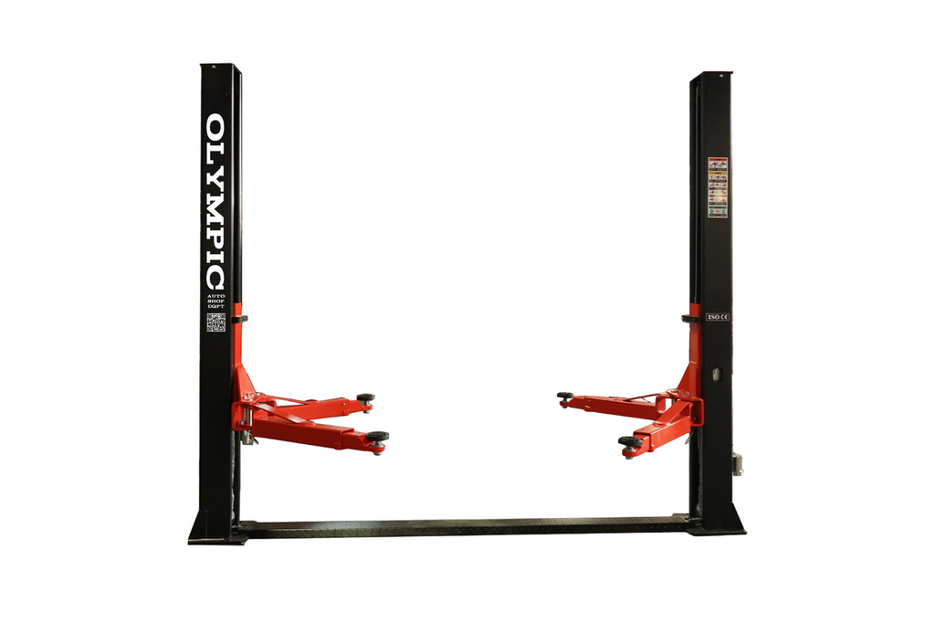 Model: Olympic 2PBP-10 / 10,000‐lb. Base Plate 2-Post Lift / Dual Point Lock Release / 2-Stage Arms / 2-Stage Foot Pads / 110″ H X 130″ W / 10-Year Warranty / SHIPS FREE!