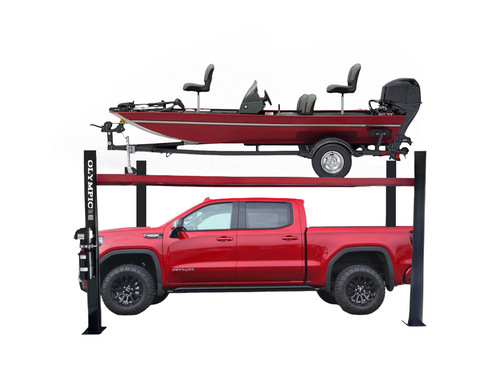 Model: Olympic HDMBL-10 "The Skipper" Portable Boat & Trailer Storage Lift / Extra Wide / Extra Long / Adjustable Width Runway / Sliding Hitch Wheel Rest / 84″ Storage Space / 125″ Between Posts / 195″ Platform Length / 10 Year Warranty / SHIPS FREE!