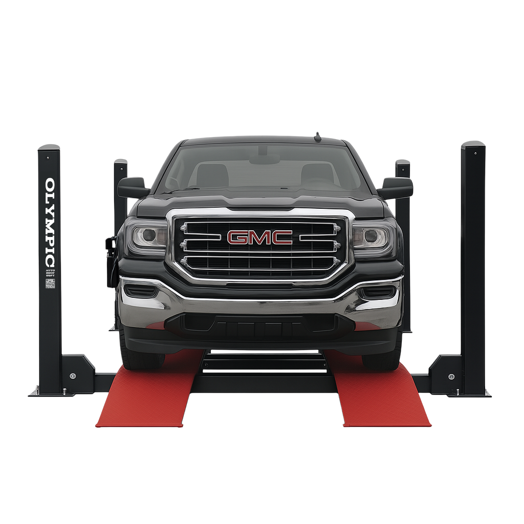 Model: 4PML-8A / 8,000 lb. Gold Series Portable Vehicle Storage Lift / Caster Arms / Drip Trays / Tool Tray / 10-Year Warranty / 108″ W X 198″ L