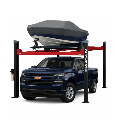 Model: Olympic HDMBL-8 / 8,000 lb. Portable Boat & Trailer Storage Lift / Extra Wide / Adjustable Width Runway / Sliding Hitch Wheel Rest / 137″ W X 199″ L / 10-Year Warranty / SHIPS FREE!